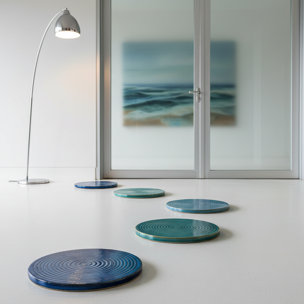 A meticulously arranged series of ocean-blue and teal ceramic stepping stones, each with a subtle ripple pattern, leading across a minimalist white concrete floor toward a large, frosted-glass door. A single, elegant chrome floor lamp casts warm, directional light from the side, skimming across the textured surfaces and emphasizing each step as a deliberate choice. In the distant background, blurred coastal artwork hints at rolling waves and new horizons. Captured from a low, forward-facing angle, the composition creates a sense of progression and depth. The atmosphere is aspirational and confident, with clean lines, photographic realism, and a modern aesthetic representing structured coaching journeys toward a second wave of success.