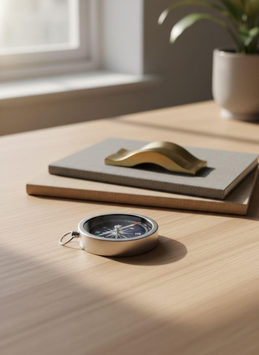 A sleek, matte-silver compass with a deep navy face and polished steel needle, resting open on a smooth, light oak desk. Around it lie neatly stacked linen-textured notebooks in soft gray and sand tones, and a subtle wave-shaped brass paperweight, symbolizing a second life chapter. Soft morning daylight from a nearby window washes across the surface, creating gentle highlights on metal edges and long, calm shadows. Photographed at eye level with a shallow depth of field, the compass is in sharp focus while the background gently blurs. The mood is professional, focused, and optimistic, with clean, photographic realism that suits an executive coaching brand about navigating a powerful second wave.