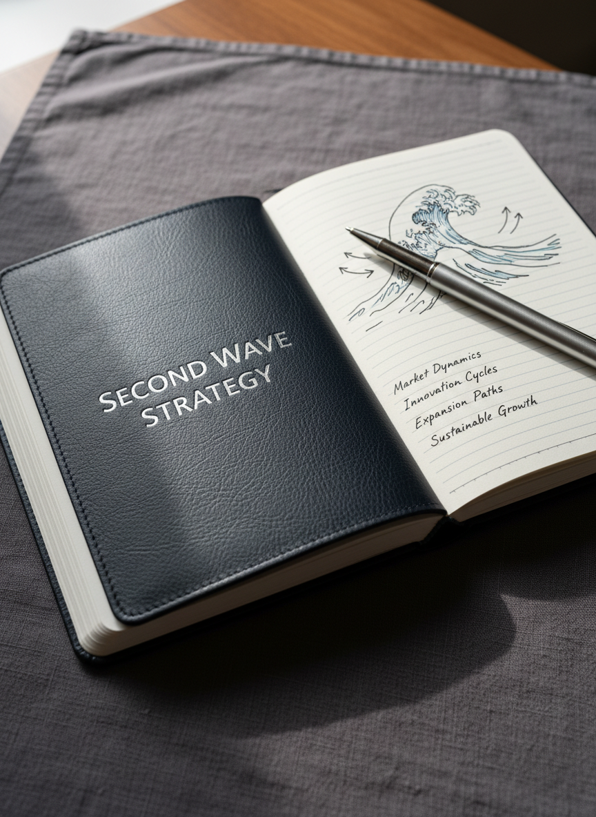 A refined, dark navy leather-bound journal with "Second Wave Strategy" embossed in subtle silver lettering on the cover, lying open on a charcoal linen surface. Inside, neatly ruled pages show a sketched wave diagram and carefully drawn arrows pointing upward, accompanied by tidy margin notes. A slim, brushed-metal pen rests diagonally across the page. Soft, diffused afternoon light from an unseen window creates a calm gradient of brightness across the scene, with gentle shadows adding depth. Shot from a slightly elevated angle, the journal dominates the frame while the background softly fades. The mood is thoughtful, strategic, and professional, rendered in crisp photographic realism, ideal for illustrating reflective, midlife business planning and coaching.
