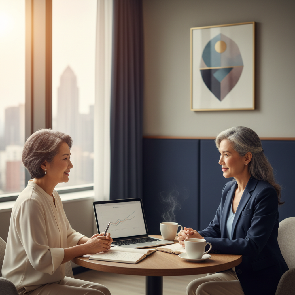 A warm but corporate, square-format image of a professional life coaching session: an Asian senior woman in her late 60s or 70s as the client, sitting with a professional coach at a small round table. They are engaged in relaxed, positive conversation with a notebook and laptop on the table. Modern, softly lit office setting, soft neutral colors with deep navy accents, mood welcoming, polished, and uplifting, representing coaching for Asian seniors and older adults.