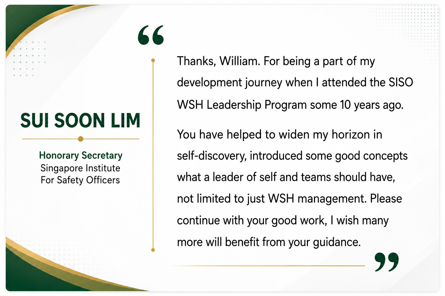 Testimonial from Lim Sui Soon